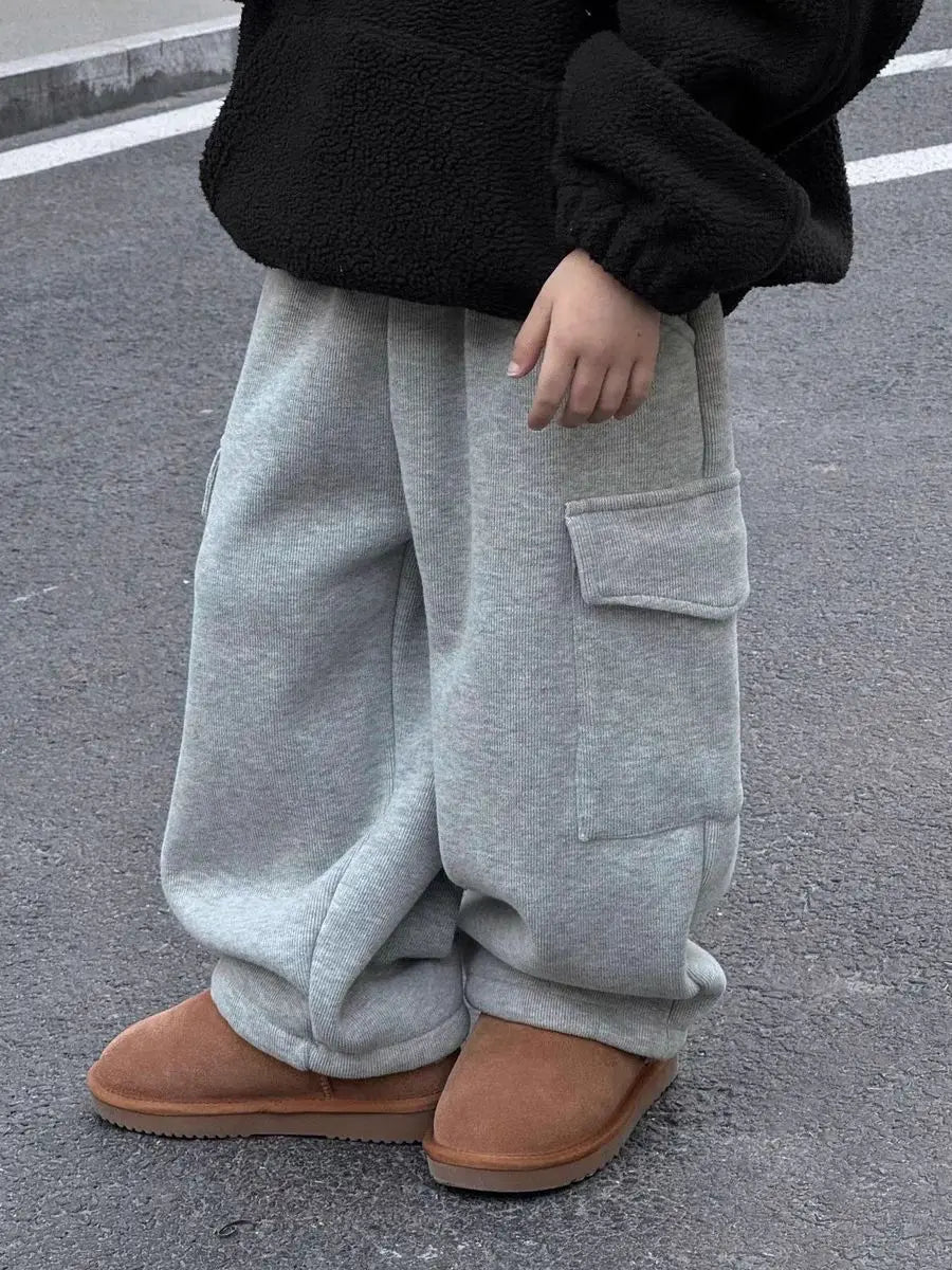 Plush Kids Thickened Boys BLK + GREY Sweatpants