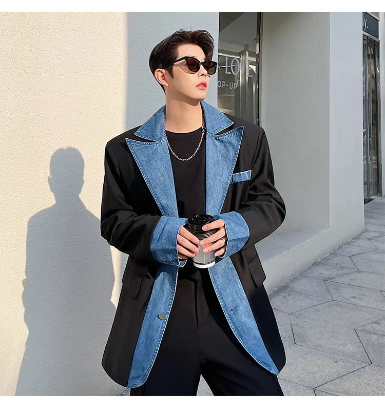 Black + Denim Splicing Design Blazer Coat