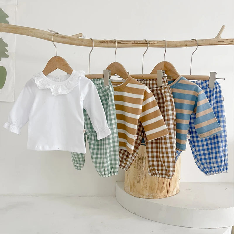 Infant Long Sleeve Stripe T-shirt + Grid Pants Set