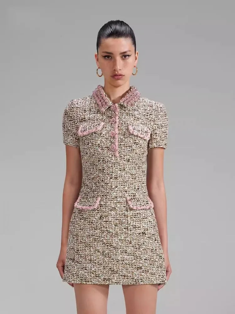 Vintage Diamond Lapel Collar Tweed Crystal Dress