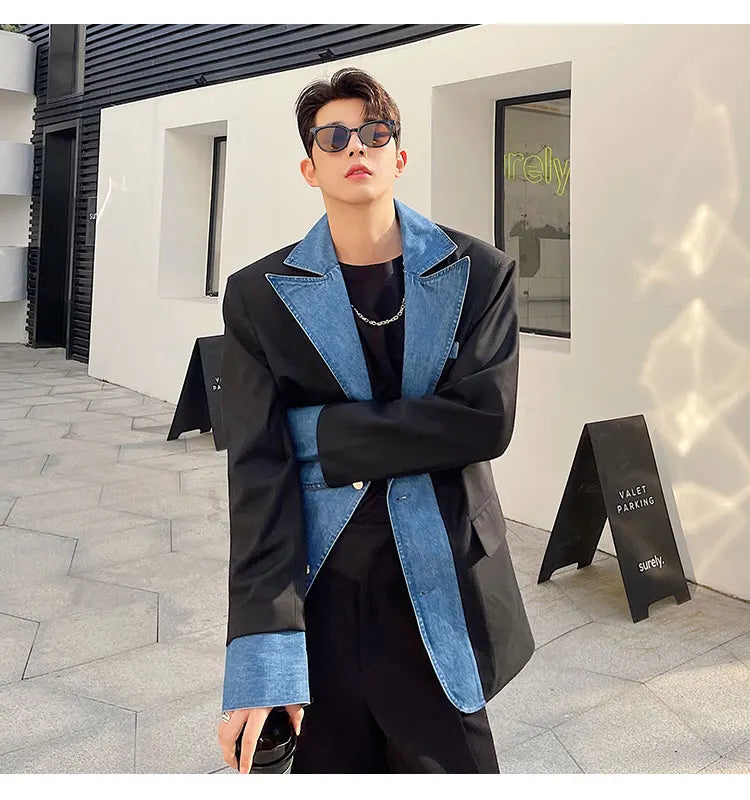 Black + Denim Splicing Design Blazer Coat