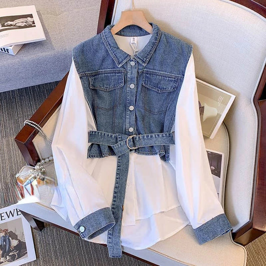 Polo-Neck Oversized Denim Patchwork One Piece Long Sleeve Blouse