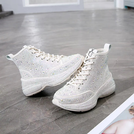 Rhinestone Genuine Leather BLK + WHITE Designer High-Top Sneakers