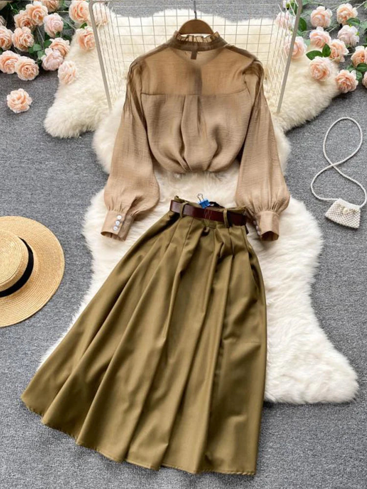 Stand Collar Puff Sleeve Ruffled Top + Empire Slim Skirt Suit