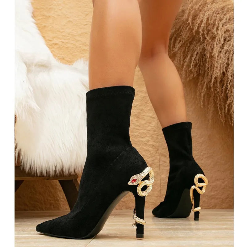 BLK Faux Suede Crystal Rhinestone Pointed Toe Ankle Heel Boots