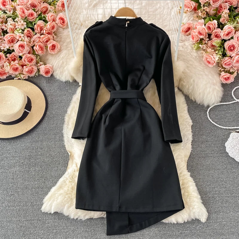 Embroidered Irregular Button Stand Neck Long Sleeve Midi Waist Dress + Belt