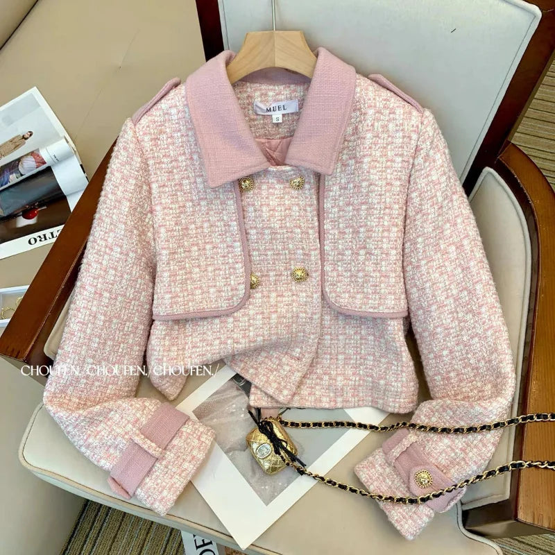 Pink Lapel Plaid Coat Tailored Woolen Tweed Jacket + Wide Leg Trouser 2pc Set