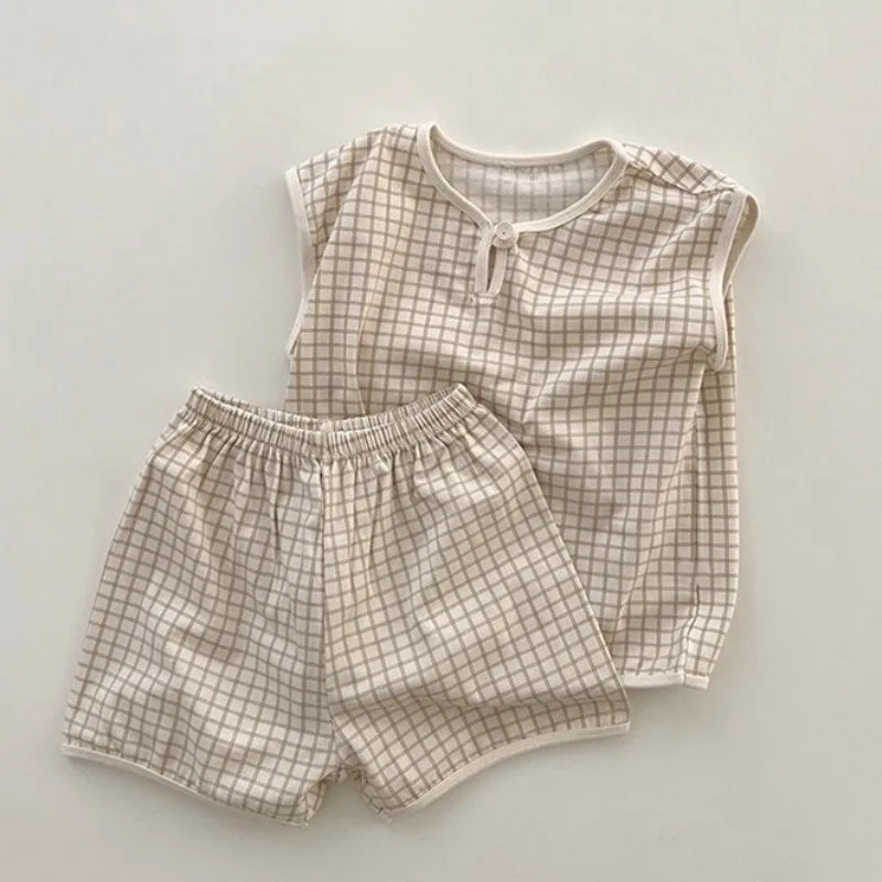 Lattice Baby Sleeveless Vest + Shorts T-shirt Pajamas 2pc Sets