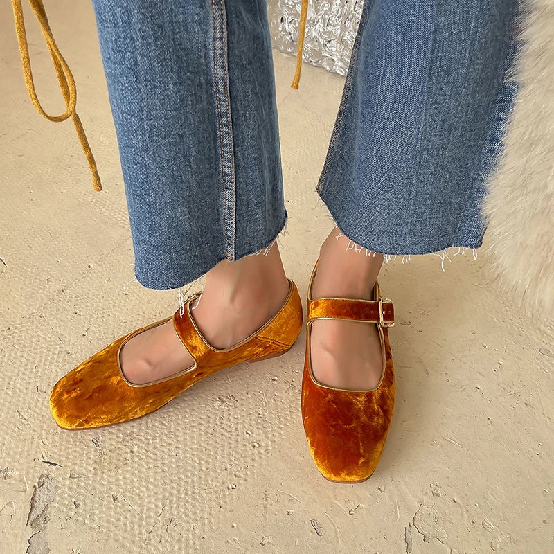 Corduroy Ballet Flats Real Leather Round Toe Daily Mary Jane Heels