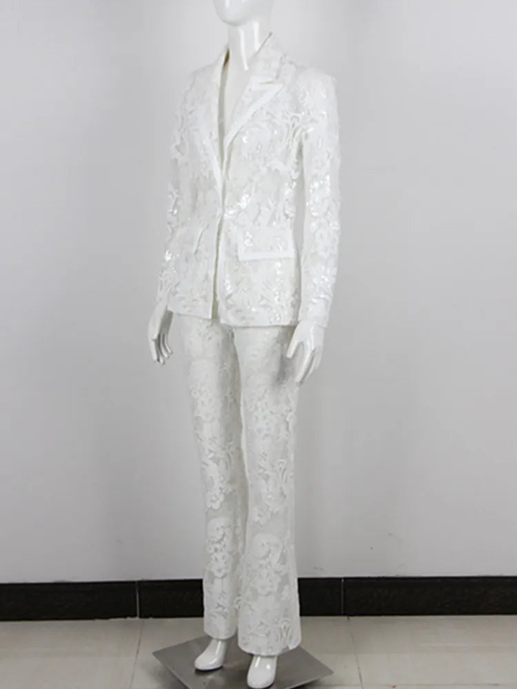 White Lace Embroidery Long Sleeve Blazer + Flare Pants 2pc Set