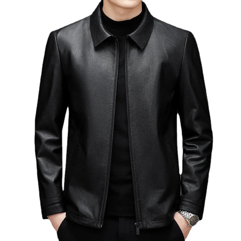 Buckskin Solid Turndown Collar Men's Leather Jacket