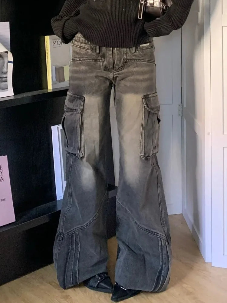 Retro Baggy Wide Leg Dark Grey Denim Women's Jeans