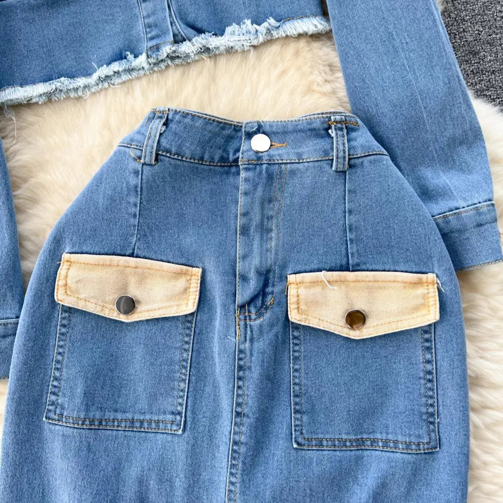 Denim Lapel Cropped Coat + Full-Length Skirt 2pc Set