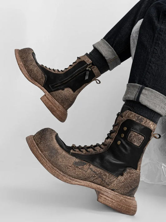 Patchwork Cowhide Vintage Lace-Up Genuine Leather Work Boots