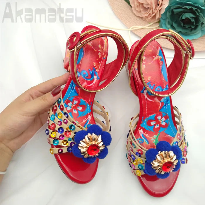 Colorful Rhinestones Ankle Buckle Strap Women's Shoes