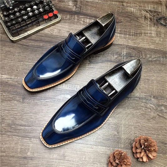 Oxford Loafer Genuine Leather Men's BLUE + BLK Dress Shoes