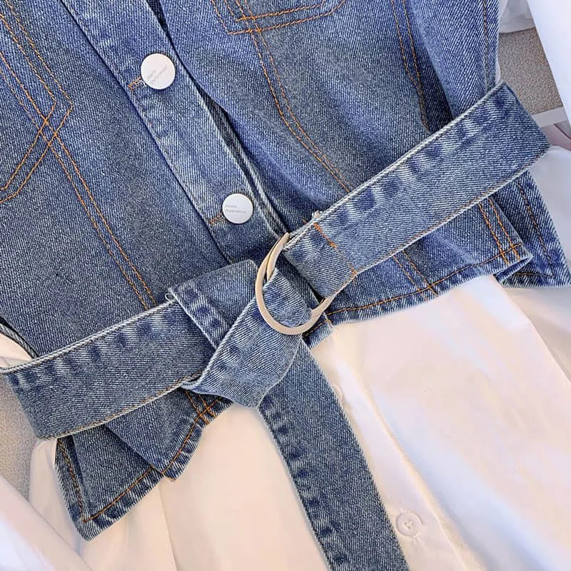 Polo-Neck Oversized Denim Patchwork One Piece Long Sleeve Blouse