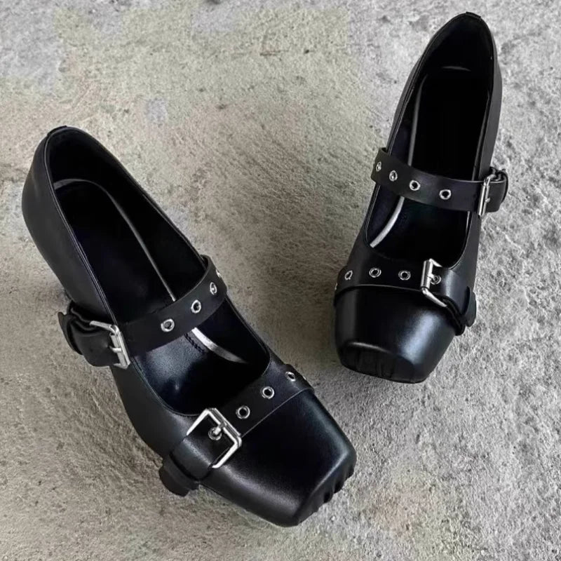 Double Belt Buckle Square Toe High Heels