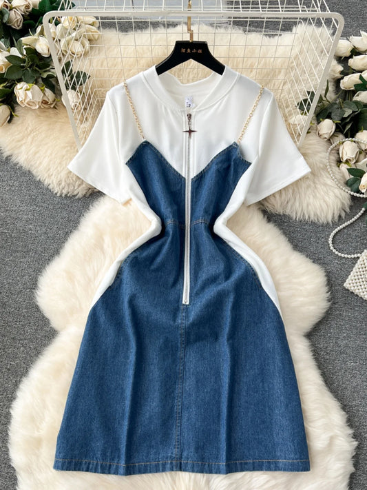 Denim Front Zipper Short Sleeve A Line Mini Jean Dress