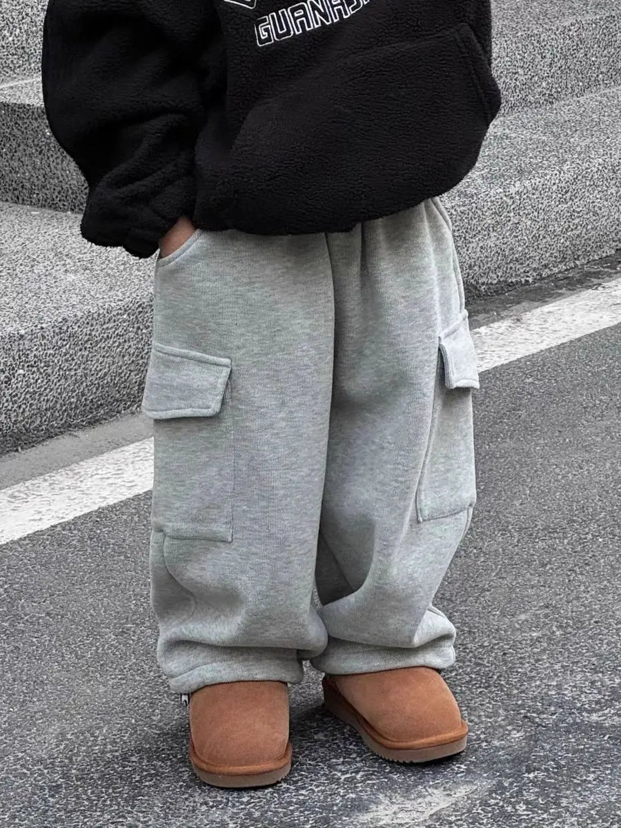 Plush Kids Thickened Boys BLK + GREY Sweatpants