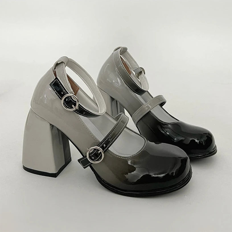 Platform Gradient Mary Jane Round Head Chunky Heeled High Heel Shoes