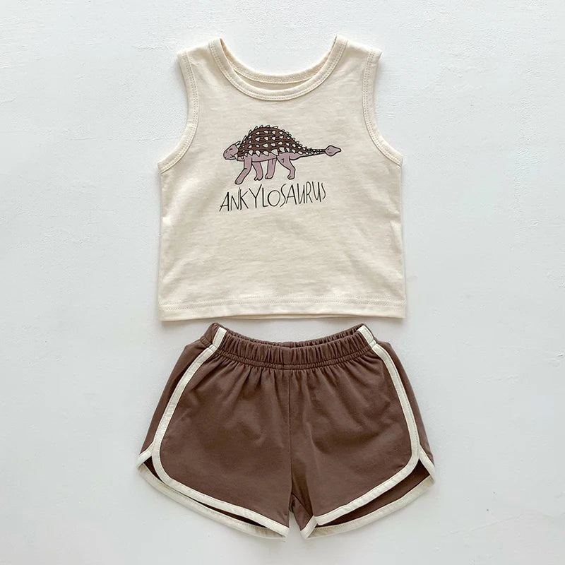 Sleeveless Cartoon Printed T-shirt+Shorts Toddler Baby Boys Girl Clothes Set