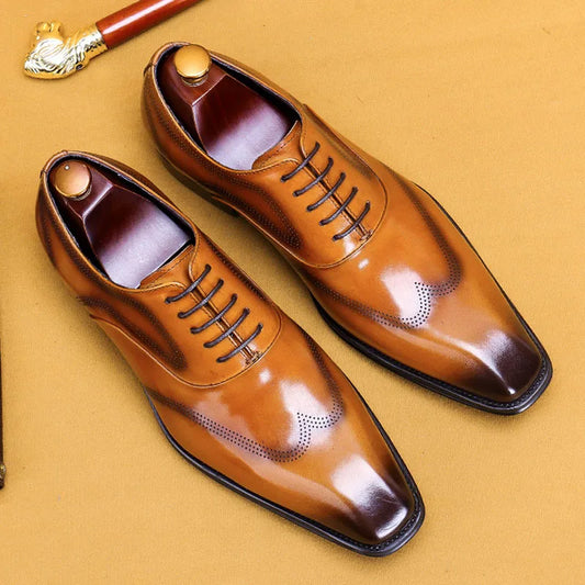 Oxford Square-Toe Brogue Lace-Up Men's Genuine Leather Dress Shoe