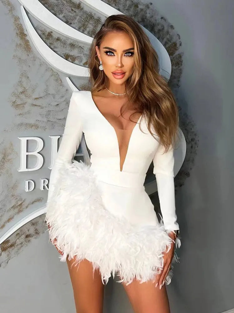 V Neck Long Sleeve Feather Black + White Mini Bandage Dress