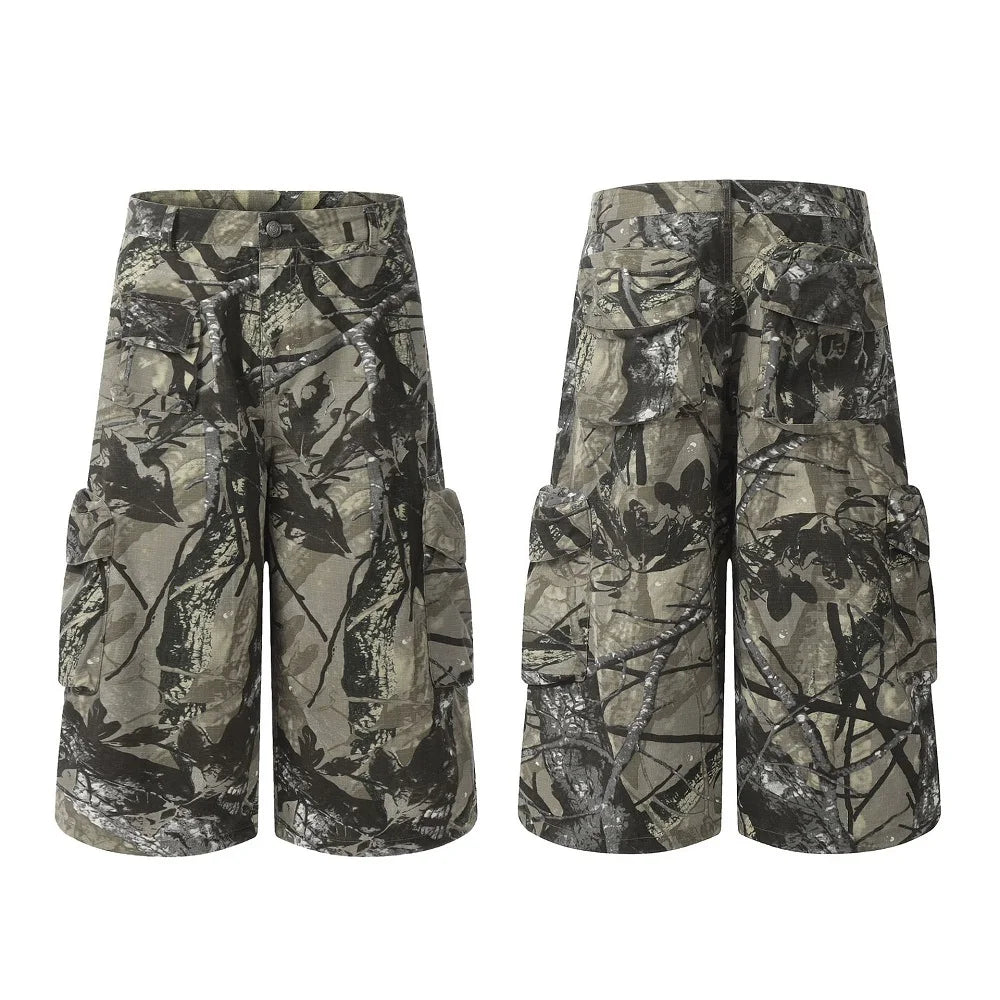 Branch Camouflage Cargo Multi-Pocket Men's Cropped Shorts