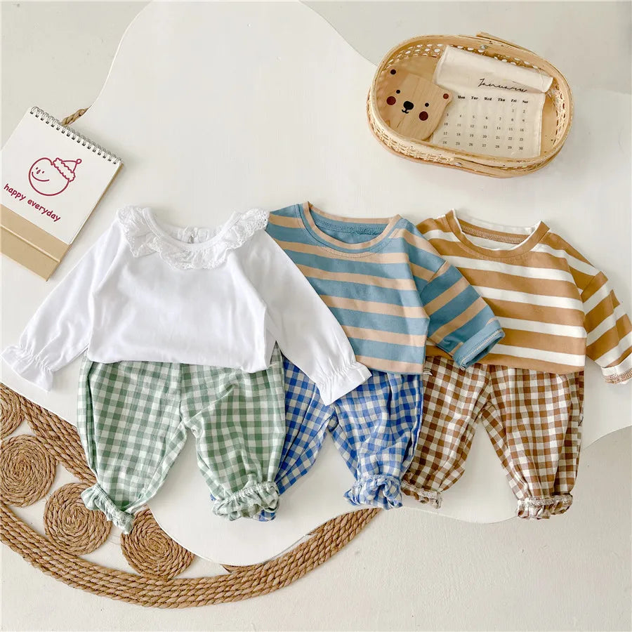 Infant Long Sleeve Stripe T-shirt + Grid Pants Set