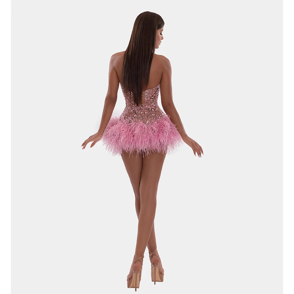 Crystals Beading Short Pink Halter Feathers Mini Dress