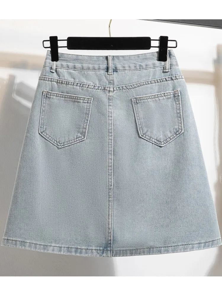 Denim Plus Size A-Line Irregular Ruffle Pleated High Waist Skirt