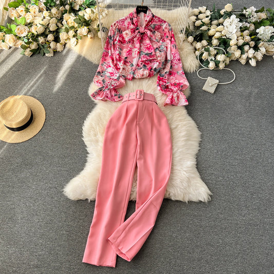 Bow Collar Lantern Sleeve Floral Blouse + Belt + Solid Long Pants Assorted Colors 2pc Sets